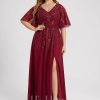 Formal & Evening | A-line V-Neck Floor-Length Lace Chiffon Evening Dress With Sequins Burgundy – Womens