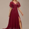 Formal & Evening | A-line V-Neck Floor-Length Lace Chiffon Evening Dress With Sequins Burgundy – Womens