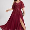 Formal & Evening | A-line V-Neck Floor-Length Lace Chiffon Evening Dress With Sequins Burgundy – Womens