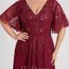 Formal & Evening | A-line V-Neck Floor-Length Lace Chiffon Evening Dress With Sequins Burgundy – Womens