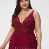 Formal & Evening | A-line V-Neck Floor-Length Lace Chiffon Evening Dress With Sequins Burgundy – Womens