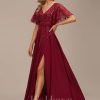 Formal & Evening | A-line V-Neck Floor-Length Lace Chiffon Evening Dress With Sequins Burgundy – Womens