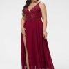 Formal & Evening | A-line V-Neck Floor-Length Lace Chiffon Evening Dress With Sequins Burgundy – Womens