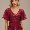 Formal & Evening | A-line V-Neck Floor-Length Lace Chiffon Evening Dress With Sequins Burgundy – Womens