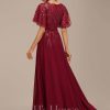 Formal & Evening | A-line V-Neck Floor-Length Lace Chiffon Evening Dress With Sequins Burgundy – Womens