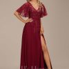 Formal & Evening | A-line V-Neck Floor-Length Lace Chiffon Evening Dress With Sequins Burgundy – Womens