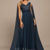 Formal & Evening | A-line V-Neck Floor-Length Lace Chiffon Evening Dress With Sequins Dark Navy – Womens