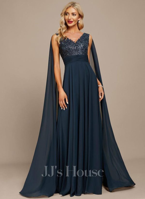 Formal & Evening | A-line V-Neck Floor-Length Lace Chiffon Evening Dress With Sequins Dark Navy – Womens