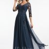 Formal & Evening | A-line V-Neck Floor-Length Lace Chiffon Evening Dress With Sequins Dark Navy – Womens