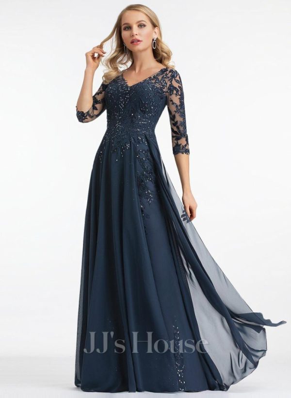 Formal & Evening | A-line V-Neck Floor-Length Lace Chiffon Evening Dress With Sequins Dark Navy – Womens