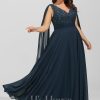 Formal & Evening | A-line V-Neck Floor-Length Lace Chiffon Evening Dress With Sequins Dark Navy – Womens