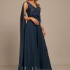 Formal & Evening | A-line V-Neck Floor-Length Lace Chiffon Evening Dress With Sequins Dark Navy – Womens