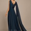 Formal & Evening | A-line V-Neck Floor-Length Lace Chiffon Evening Dress With Sequins Dark Navy – Womens