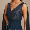 Formal & Evening | A-line V-Neck Floor-Length Lace Chiffon Evening Dress With Sequins Dark Navy – Womens