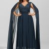 Formal & Evening | A-line V-Neck Floor-Length Lace Chiffon Evening Dress With Sequins Dark Navy – Womens