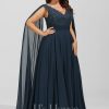 Formal & Evening | A-line V-Neck Floor-Length Lace Chiffon Evening Dress With Sequins Dark Navy – Womens