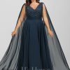 Formal & Evening | A-line V-Neck Floor-Length Lace Chiffon Evening Dress With Sequins Dark Navy – Womens