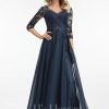 Formal & Evening | A-line V-Neck Floor-Length Lace Chiffon Evening Dress With Sequins Dark Navy – Womens