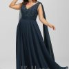 Formal & Evening | A-line V-Neck Floor-Length Lace Chiffon Evening Dress With Sequins Dark Navy – Womens