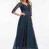 Formal & Evening | A-line V-Neck Floor-Length Lace Chiffon Evening Dress With Sequins Dark Navy – Womens