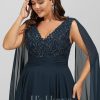 Formal & Evening | A-line V-Neck Floor-Length Lace Chiffon Evening Dress With Sequins Dark Navy – Womens