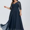 Formal & Evening | A-line V-Neck Floor-Length Lace Chiffon Evening Dress With Sequins Dark Navy – Womens