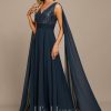 Formal & Evening | A-line V-Neck Floor-Length Lace Chiffon Evening Dress With Sequins Dark Navy – Womens