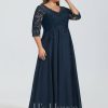 Formal & Evening | A-line V-Neck Floor-Length Lace Chiffon Evening Dress With Sequins Dark Navy – Womens