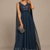 Formal & Evening | A-line V-Neck Floor-Length Lace Chiffon Evening Dress With Sequins Dark Navy – Womens