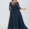 Formal & Evening | A-line V-Neck Floor-Length Lace Chiffon Evening Dress With Sequins Dark Navy – Womens