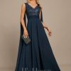 Formal & Evening | A-line V-Neck Floor-Length Lace Chiffon Evening Dress With Sequins Dark Navy – Womens