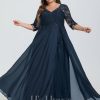 Formal & Evening | A-line V-Neck Floor-Length Lace Chiffon Evening Dress With Sequins Dark Navy – Womens