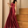 Formal & Evening | A-line V-Neck Floor-Length Satin Evening Dress Burgundy – Womens