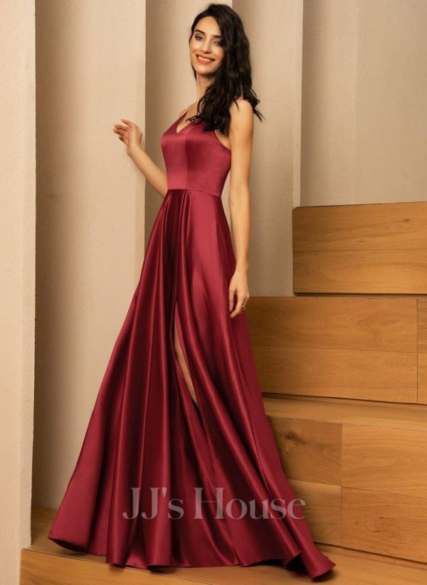 Formal & Evening | A-line V-Neck Floor-Length Satin Evening Dress Burgundy – Womens