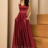 Formal & Evening | A-line V-Neck Floor-Length Satin Evening Dress Burgundy – Womens