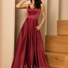 Formal & Evening | A-line V-Neck Floor-Length Satin Evening Dress Burgundy – Womens