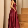 Formal & Evening | A-line V-Neck Floor-Length Satin Evening Dress Burgundy – Womens