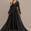 Formal & Evening | A-line V-Neck Floor-Length Satin Lace Evening Dress With Sequins Black – Womens