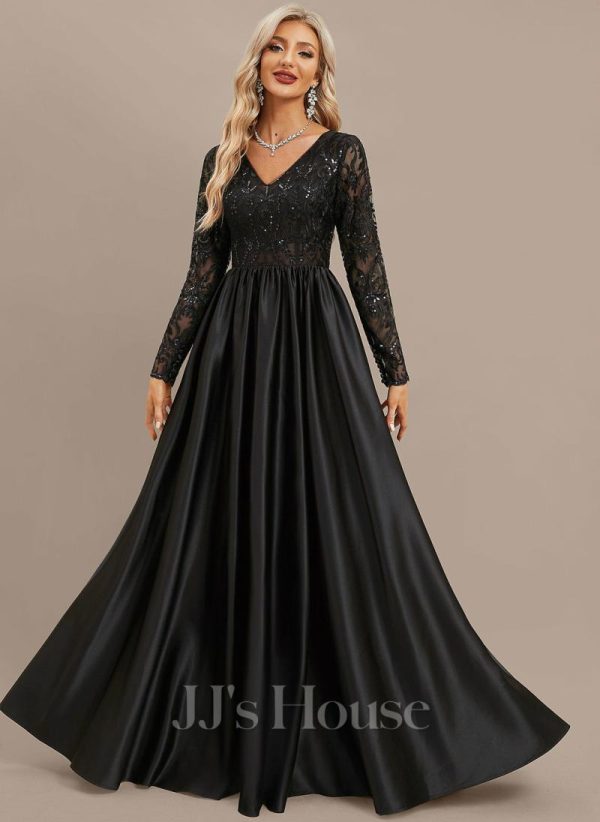 Formal & Evening | A-line V-Neck Floor-Length Satin Lace Evening Dress With Sequins Black – Womens