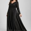 Formal & Evening | A-line V-Neck Floor-Length Satin Lace Evening Dress With Sequins Black – Womens