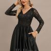 Formal & Evening | A-line V-Neck Floor-Length Satin Lace Evening Dress With Sequins Black – Womens