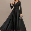 Formal & Evening | A-line V-Neck Floor-Length Satin Lace Evening Dress With Sequins Black – Womens