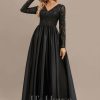 Formal & Evening | A-line V-Neck Floor-Length Satin Lace Evening Dress With Sequins Black – Womens