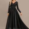 Formal & Evening | A-line V-Neck Floor-Length Satin Lace Evening Dress With Sequins Black – Womens