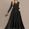 Formal & Evening | A-line V-Neck Floor-Length Satin Lace Evening Dress With Sequins Black – Womens