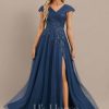 Formal & Evening | A-line V-Neck Floor-Length Tulle Lace Evening Dress With Pleated Sequins Navy Blue – Womens