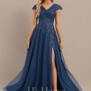 Formal & Evening | A-line V-Neck Floor-Length Tulle Lace Evening Dress With Pleated Sequins Navy Blue – Womens