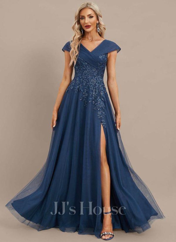 Formal & Evening | A-line V-Neck Floor-Length Tulle Lace Evening Dress With Pleated Sequins Navy Blue – Womens