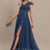 Formal & Evening | A-line V-Neck Floor-Length Tulle Lace Evening Dress With Pleated Sequins Navy Blue – Womens