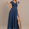 Formal & Evening | A-line V-Neck Floor-Length Tulle Lace Evening Dress With Pleated Sequins Navy Blue – Womens